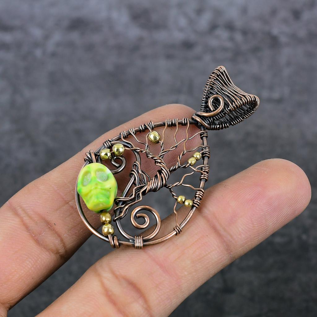 Naturlig Mosaik Jaspis Ädelsten Koppartråd Lindad Gåva Smycke Hänge 2,25" L7C65