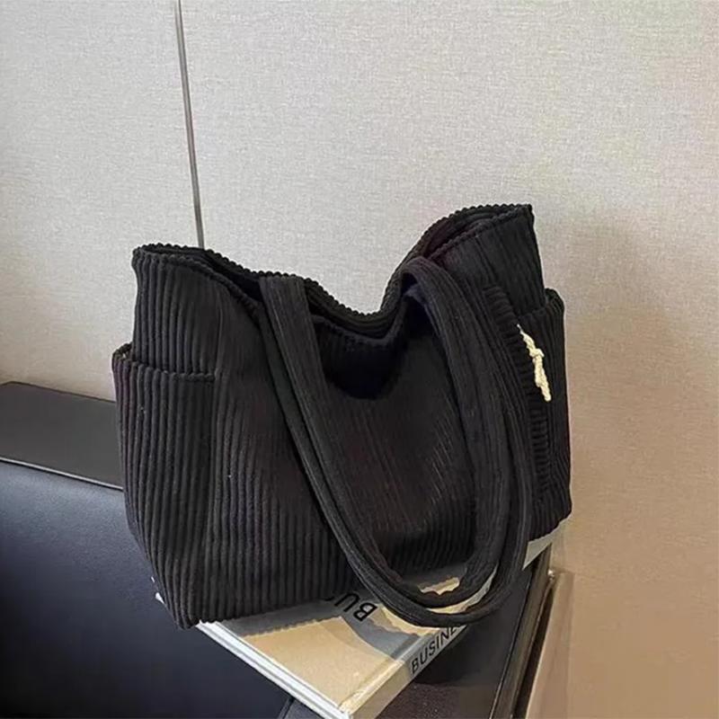 

Large Corduroy Tote Bag for Women Everyday Shoulder Bag with Pockets and Zipper for Work Travel Vacati чорний