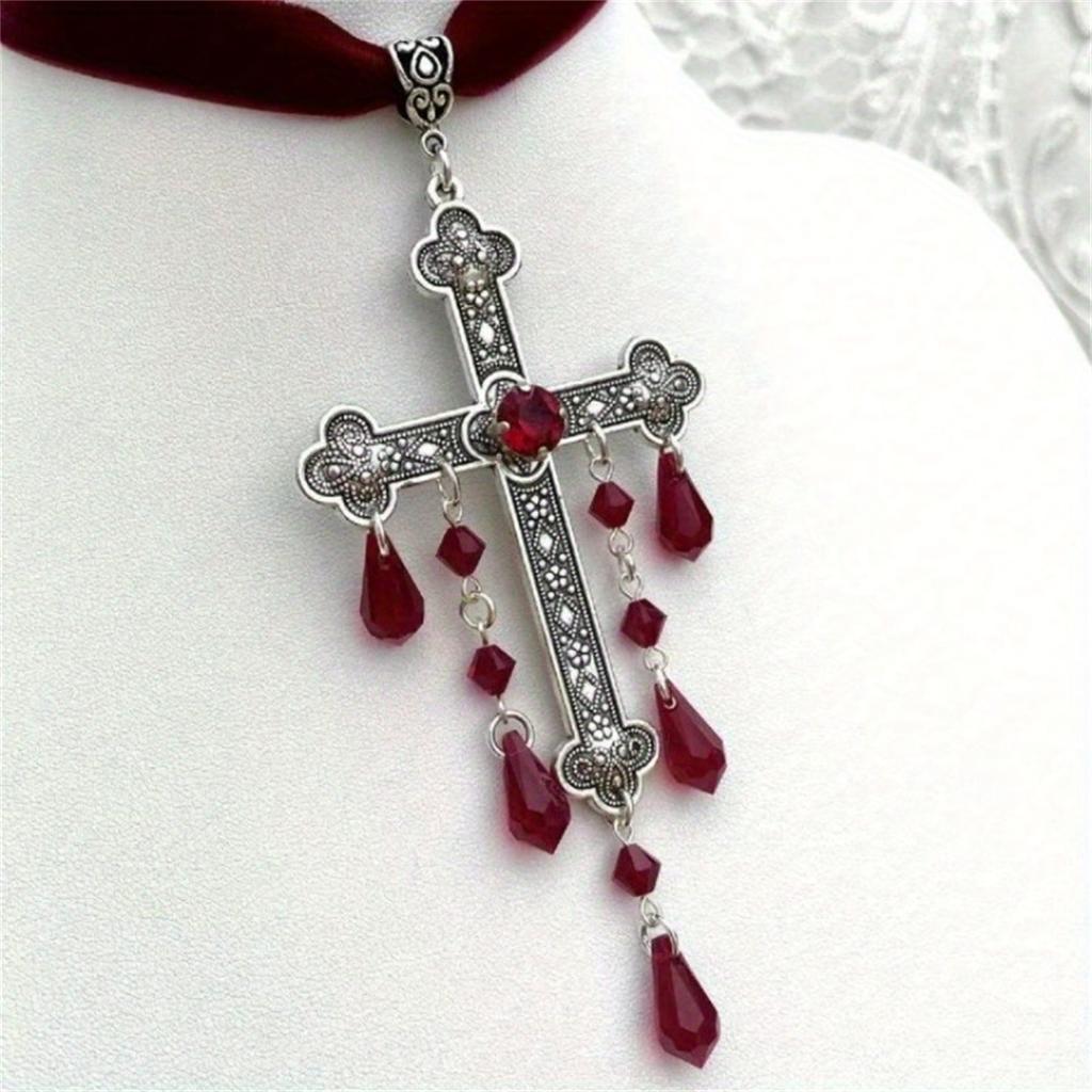 Gothic Vampire Silvery Large Cross Pendant Necklace Inlaid Artificial Crystal  Bohemian Style Synthetic Gems Decor Pendant Necklace Jewelry Gift