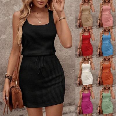 Damenmode Lässiges Tankkleid mit eckigem Ausschnitt Sommer Einfarbig Locker Kleid Elegant Slim Fit Kleider