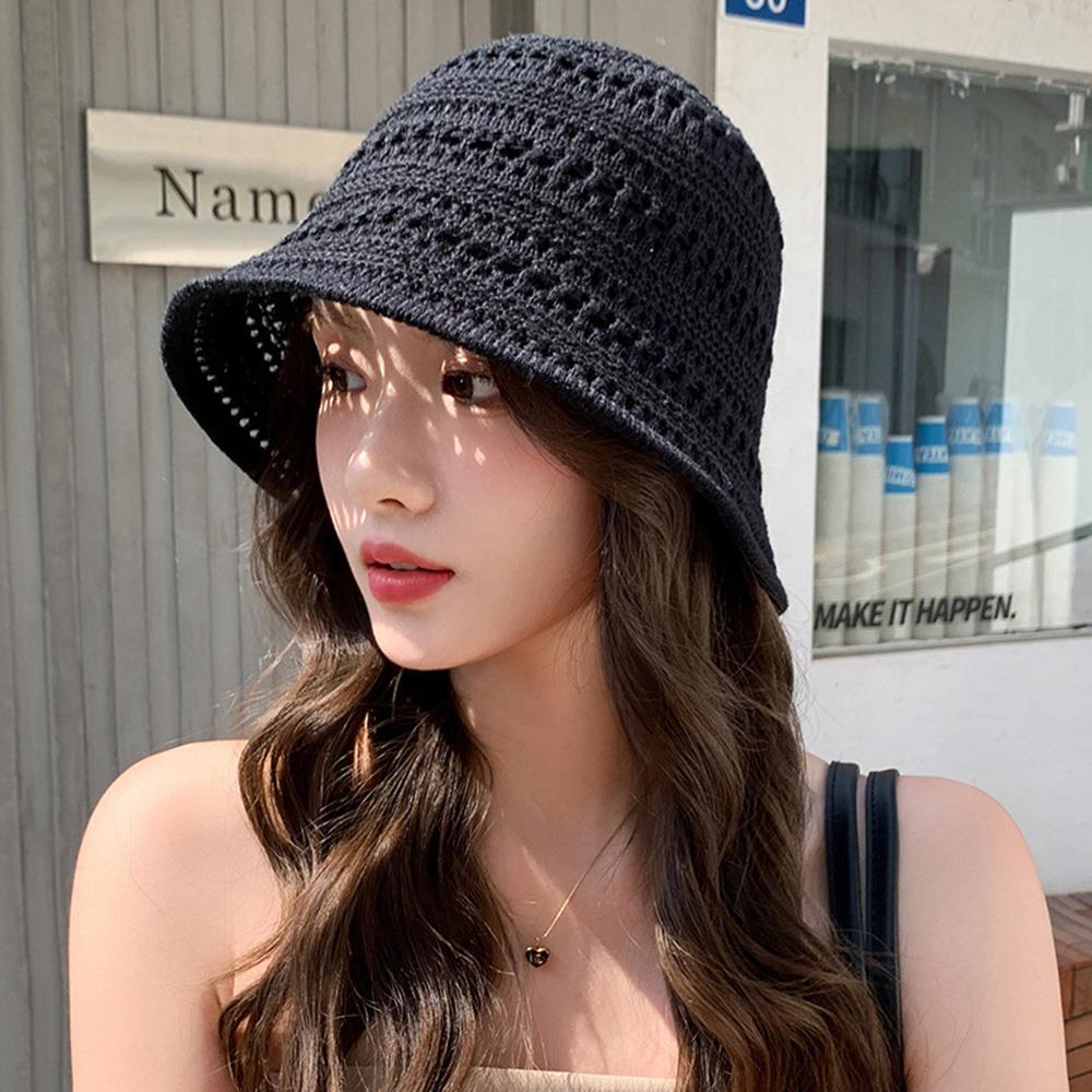 Summer New Hollow Knitted Bucket Hat Sun Protection and Sunshade Hat for Women's Leisure Versatile Small Fresh Fashion Pot Hat