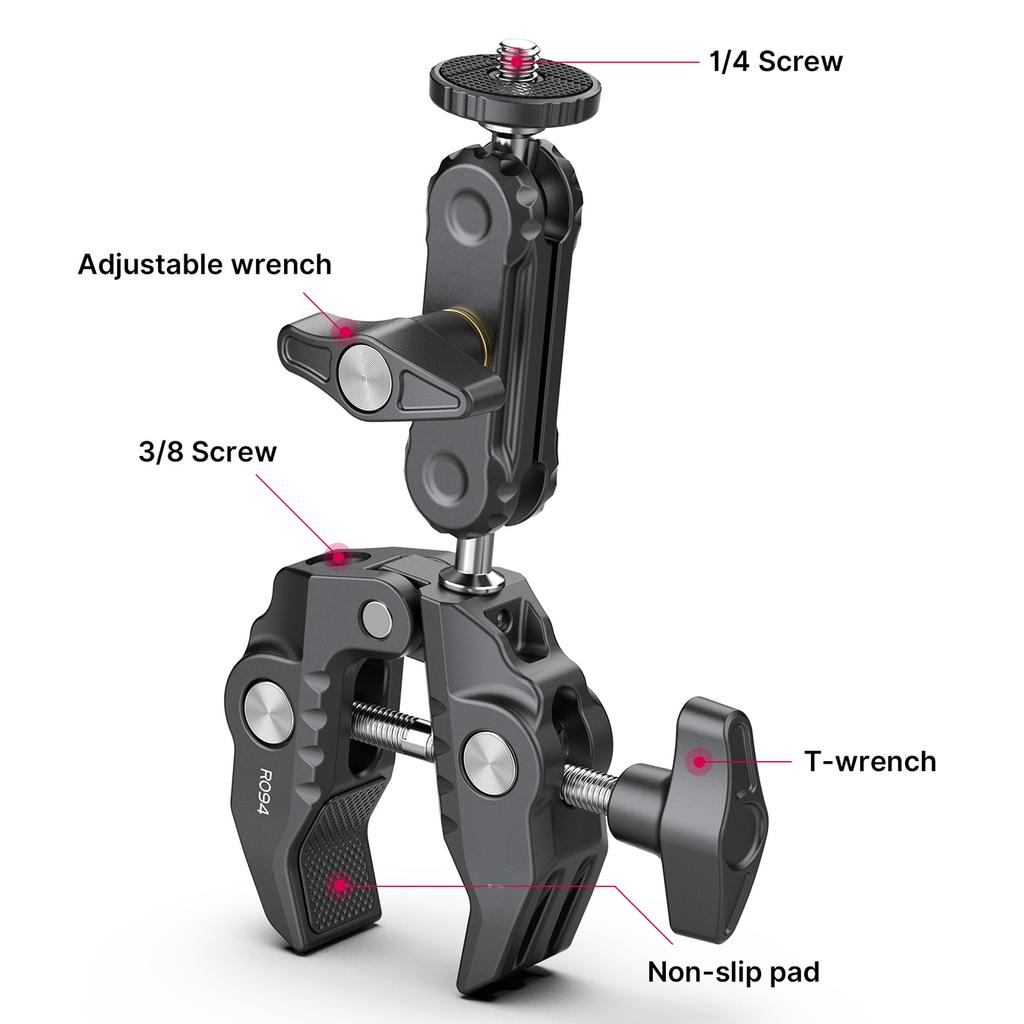 R094 Multi-functional Super Clamp   Mount Clamp Dual 360 degrees  Rotatable  head Aluminum Alloy with 1Celsius4 Inch Screw 3Celsius8 Inch Thread