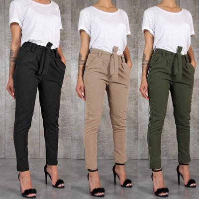 Women Slim High Waist Pants Solid Color Female Trousers Office Wear Fit Nine Points Pencil Pants