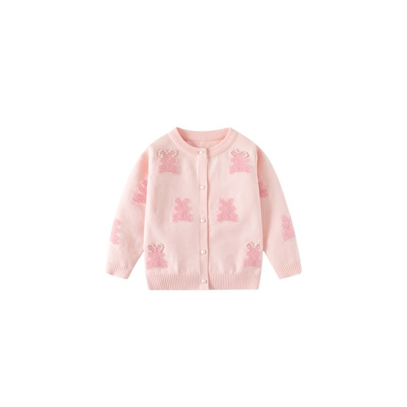 Spring and Autumn Children's Clothing Girl Beaded Rabbit Knitting Cardigan Kids' Overcoat Cardigan Sweater Baby Long Sleeve Top