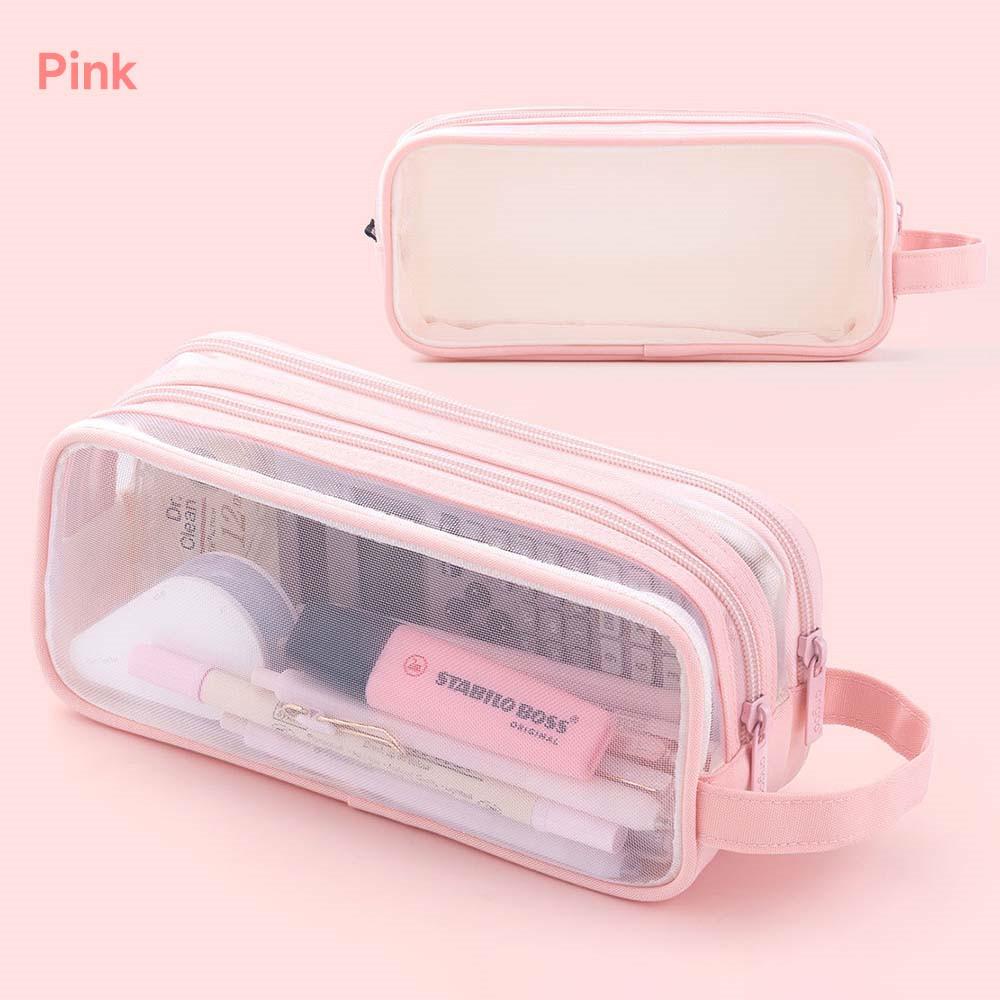 Large Grid Mesh Pencil Case 2 Compartment Pen Bag Clear Handheld Multifunction Pencil Pouch Transparent Makeup Bag for Children