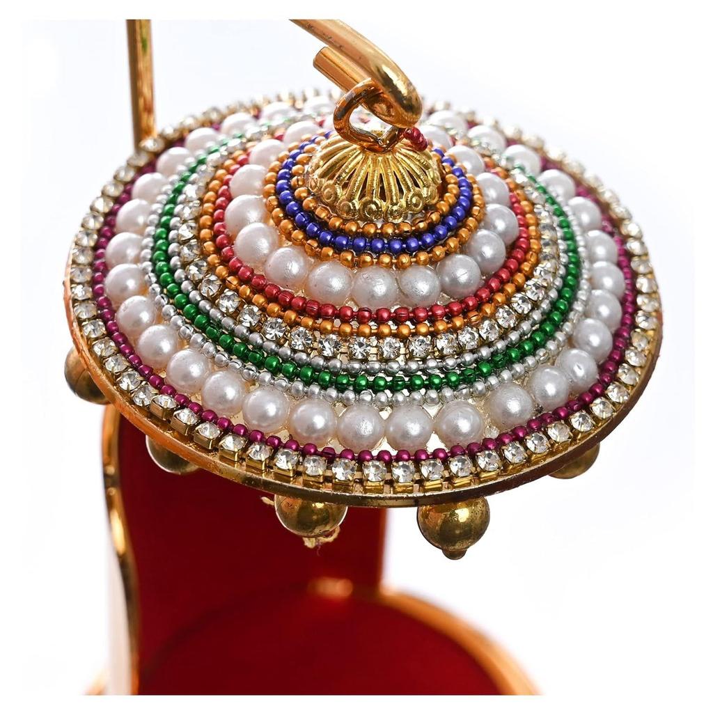 Metal Diamond Studded Umbrella Chhatra With Golden Hangings For God Idol, Car Dashboard/Office Desk/