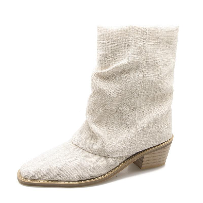 Versatile niche early summer flanged short tube linen cotton pleated short boots square head middle heel thin leg stacking boots