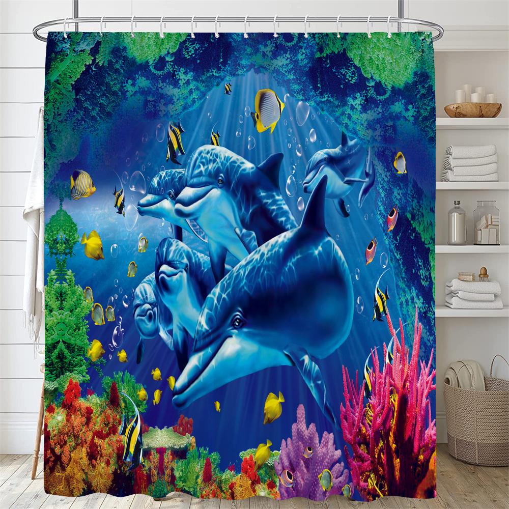 1PC Dolphin Shower Curtain Blue Ocean Biological Polyester Fabric Children's Ocean Theme Bathroom Decoration Shower Curtains