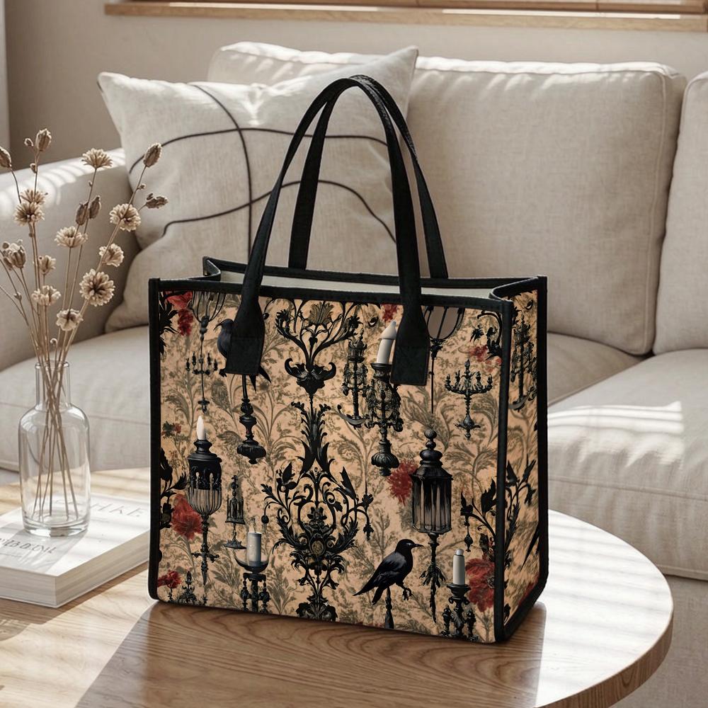 Gothic Dark Crow Pattern Large Tote Bag Fashion Retro Casual Daily Handbag