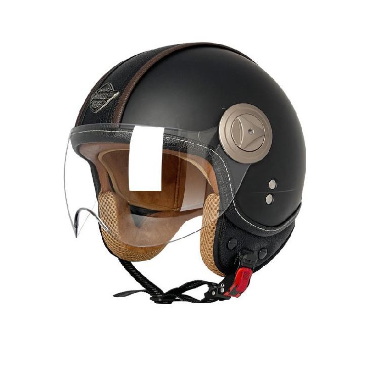 VOSS New3C Certified Retro Leather Patchwork Electric Vehicle and Motorcycle Helmet, Unisex, Suitable for All Seasons, Large Size, Safe and Anti-fog