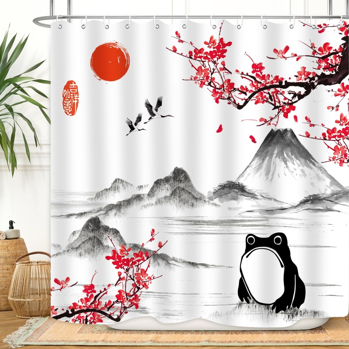 

Traditional Asian Art Shower Curtain With Cherry Blossoms Mount Fuji Cranes And Frog Water Resistant Design Oriental Theme Bath W60H190(CM)-1 Pcs