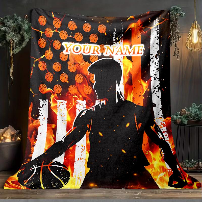 1PC Custom Name Basketball Fire outdooor Flannel blankets Patterns Throw Blanket All-Season Soft Gift for Couch, Bed, Camping gifts