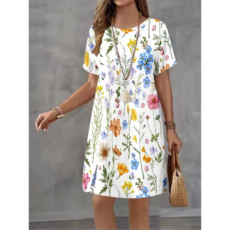 Women's Summer Flower Printed Short Sleeve Round Neck Dress 2025 Fashion New Style Design Sense Elegant Women's Mini Dress