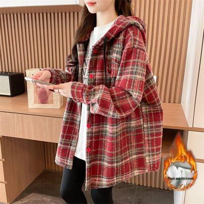 Veste chemise à capuche à carreaux rétro pour femme, Hiver 2025, Doublée de velours, Épaisse, Mi-longue, Style douillet, Anti-âge