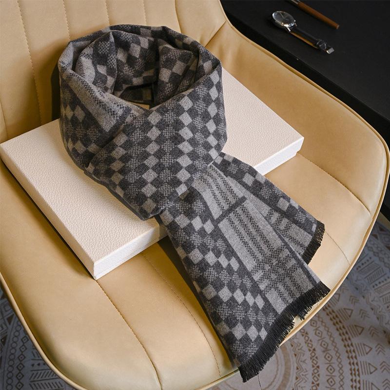 Men's Wool Scarf Autumn and Winter Warm Thickened Plaid Scarf Business Leisure Birthday Gift Men's