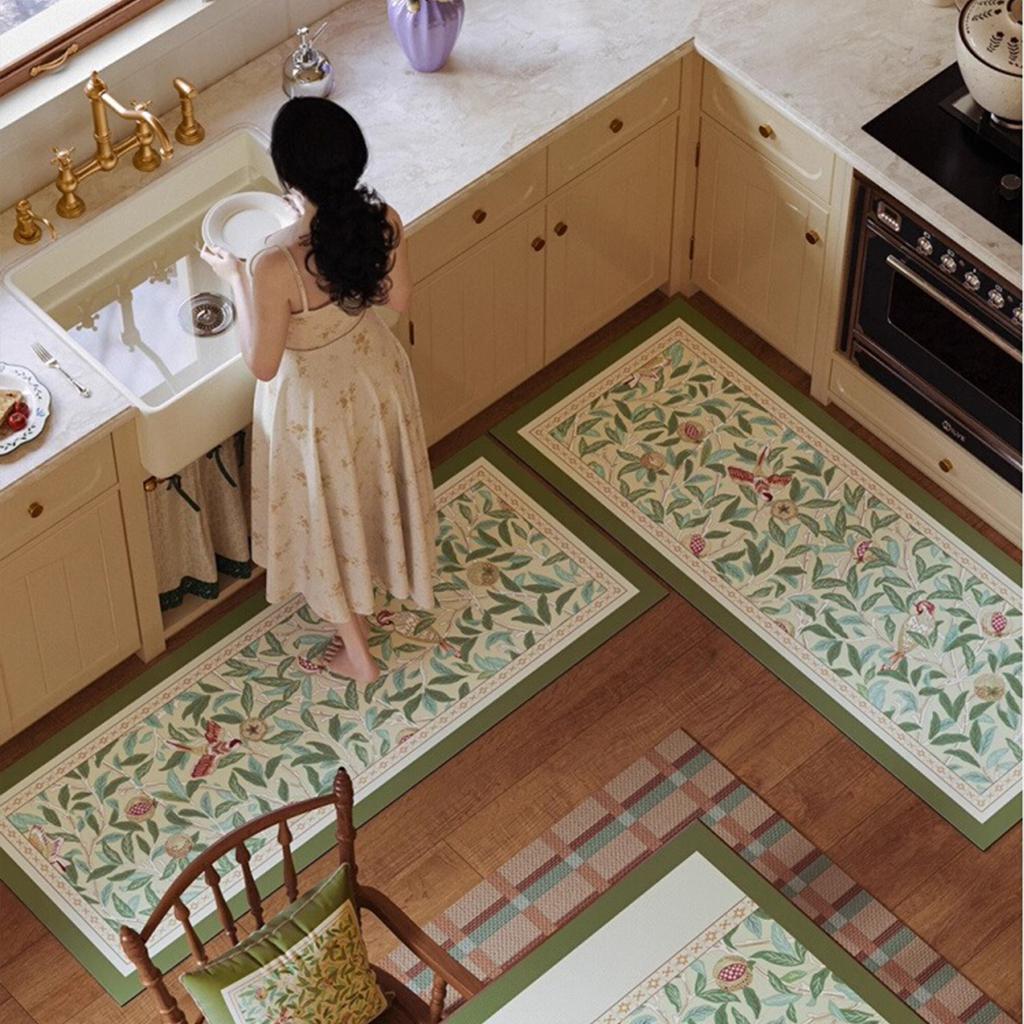 Kitchen Floor Mat Non-Slip Waterproof Oil-Proof Carpet Retro Bird Plant Pattern Pvc Rug Long Strip Home Decoration Mats
