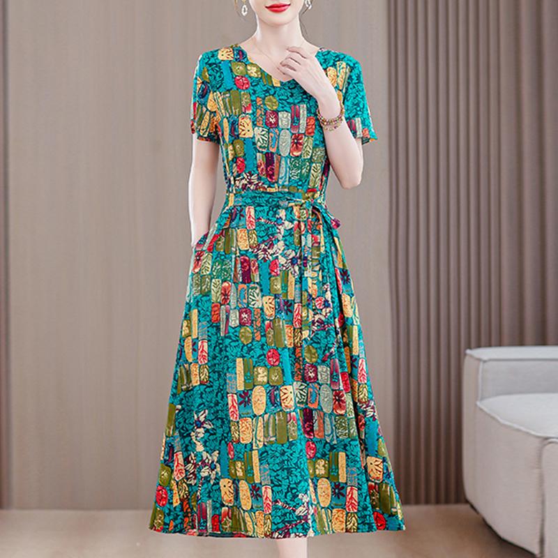 Langes Kleid mit Vintage-Print für Damen in Übergröße, lässiges kurzärmliges Sommerkleid mit Gürtel, Damenbekleidung mittleren Alters