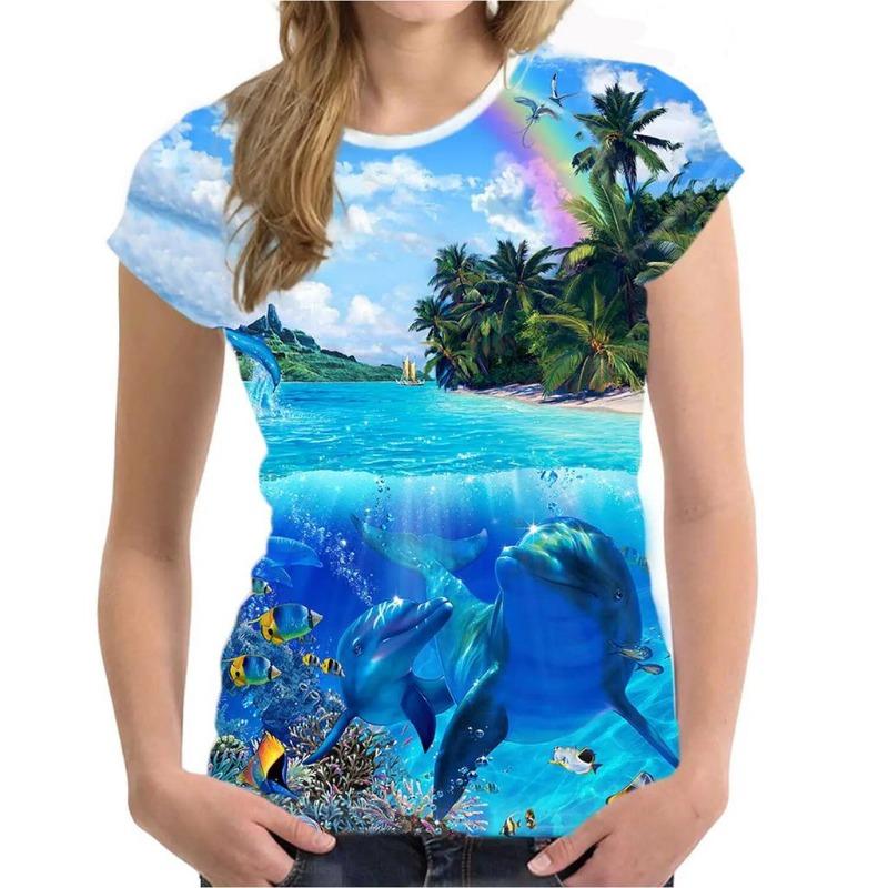 Women's T Shirt Dolphin Animal 3D Print Tee Summer Fashion Casual O-Neck Short Sleeve T-Shirts Y2k Tops Harajuku Female Clothing