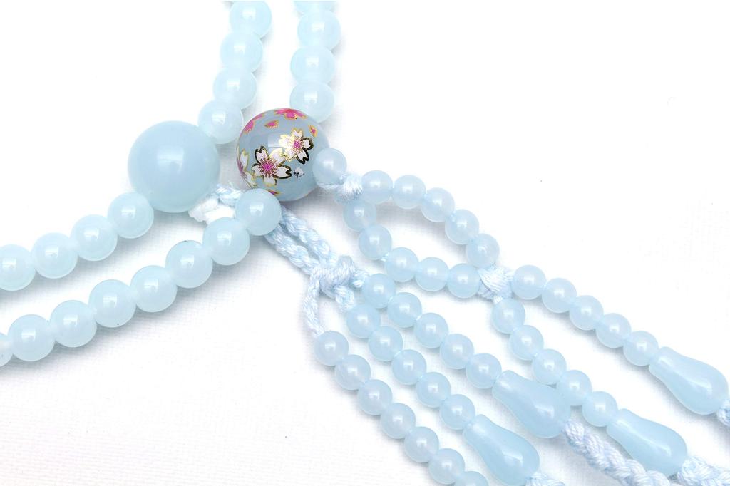 Soka Gakkai Gebetsketten, Geschenk für neue Mitglieder, 3-teiliges Set für Frauen, hellblaue Kirschblütenmuster-Gebetsketten, gepunktete blaue Gebetsketten-Hülle