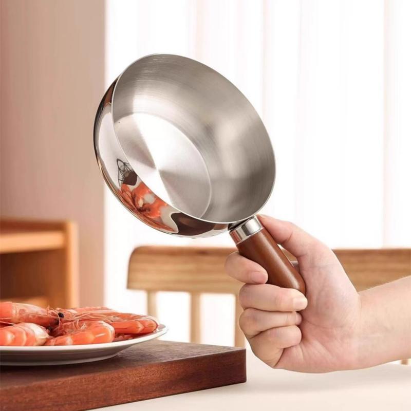 17Cm/14Cm Stainless Steel Cooking Pans With Wooden Handle & Glass Lid - Multi-Purpose Small Pots For Noodles And Eggs