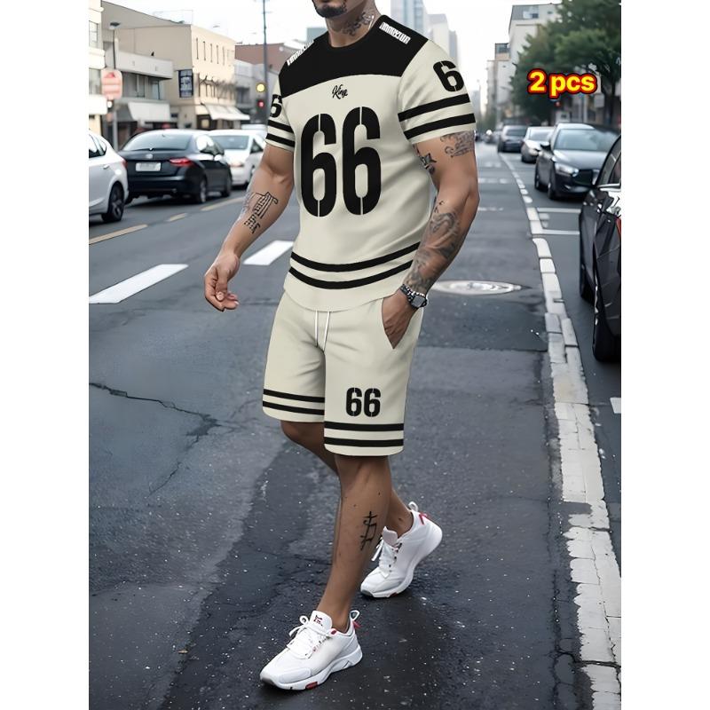 Men's Summer Sports Set] 2pcs Men's Printed Round Neck T-Shirt & Drawstring Shorts Set