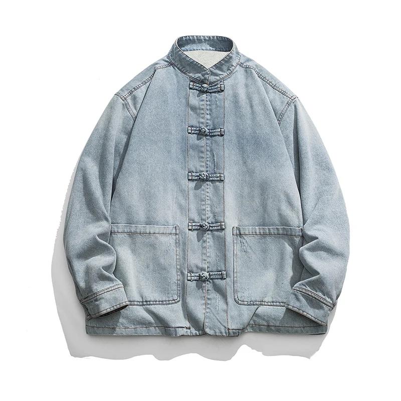 

Зимняя мужская куртка из хлопка и денима с шерстяной подкладкой, мужская теплая куртка на флисе с подкладкой, джинсовая куртка в китайском стиле, куртка-бомбер, мужская верхняя одежда 5XL светло-синий