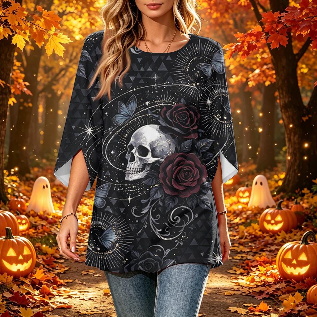 Women's Halloween Printed Casual Loose Fit Top with Round Neck and Three-Quarter Sleeves