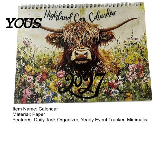 Monthly Planning Calendar Highland Cow 2027, 12 Month Wall Hanging Planner with Professional Large Daily Blocks, Home Office Organizer, Lover Gift Ink