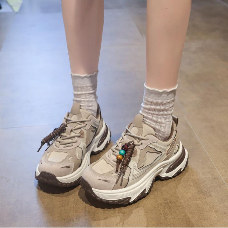 thick-soled double lace-up shoes versatile sneakers women's autumn new small slim mesh shoes