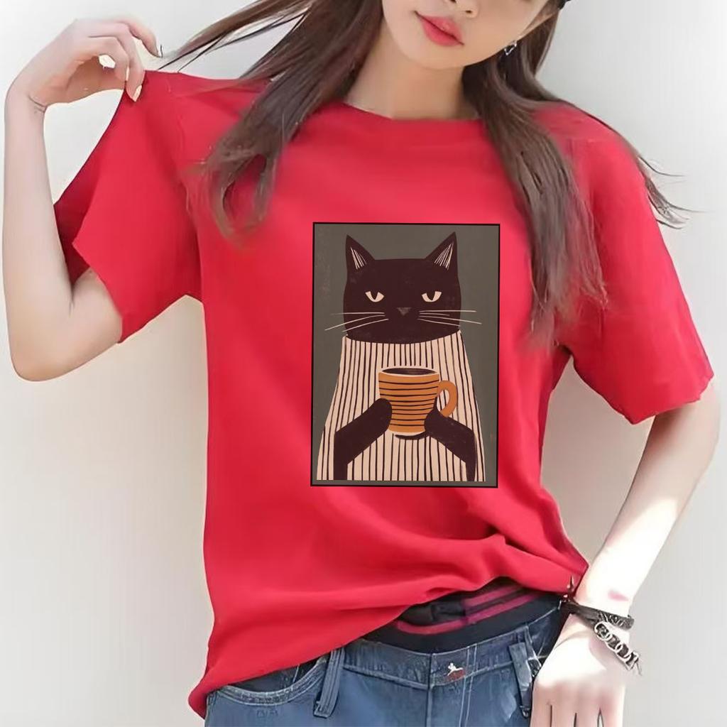 Fun cat tea printed Tshirt casual short sleeved round neck top versatile Womens Tshirt suitable for all seasons