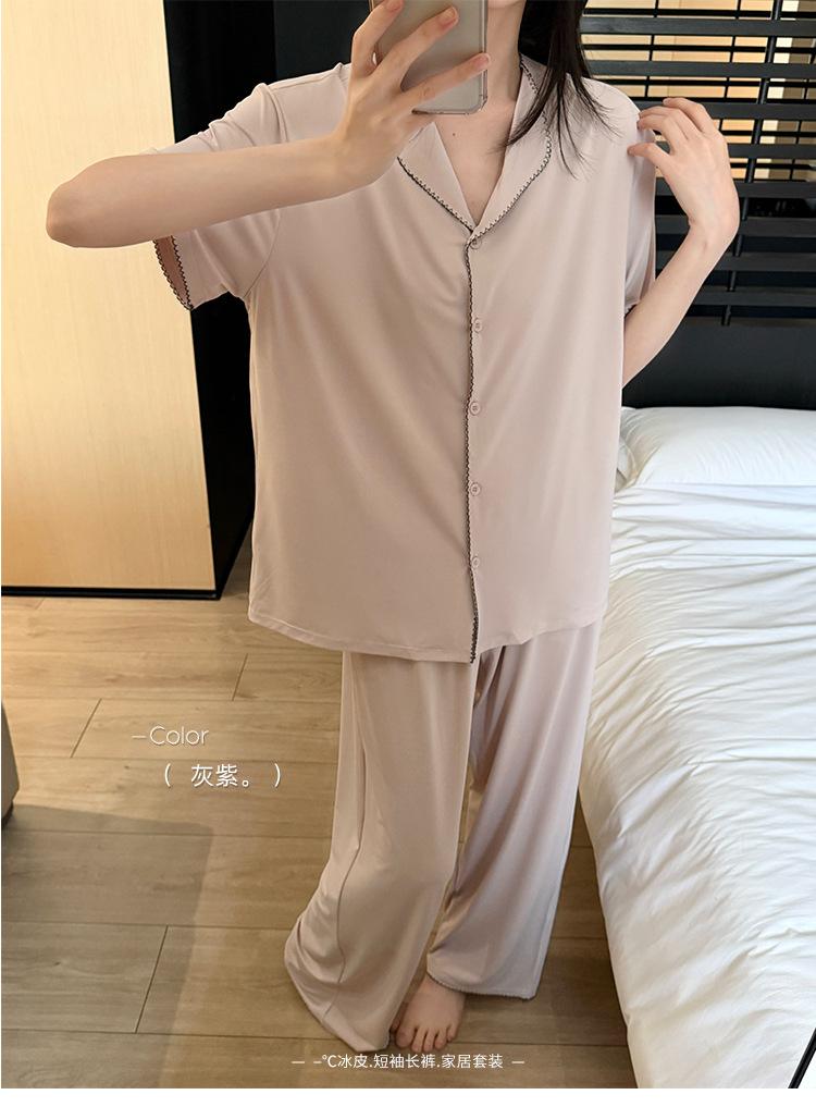 

Ice silk nude pajamas women s summer short-sleeved trousers V-neck wavy edge contrasting cardigan high-end loungewear f ( 40-67.5kg )