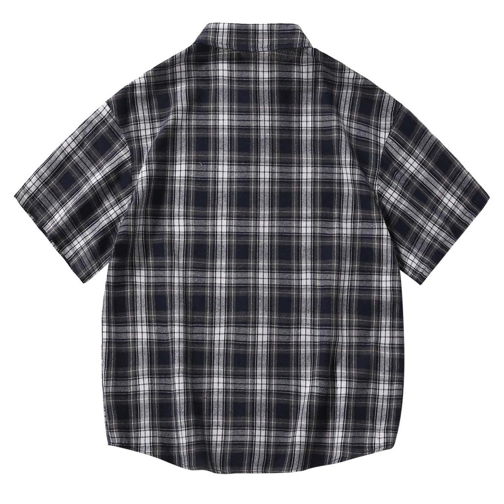 Men'S Short Sleeved Japanese Vintage Plaid Printed Shirt Summer Vacation Beach Check Shirt Button Down Half Sleeved Shirt