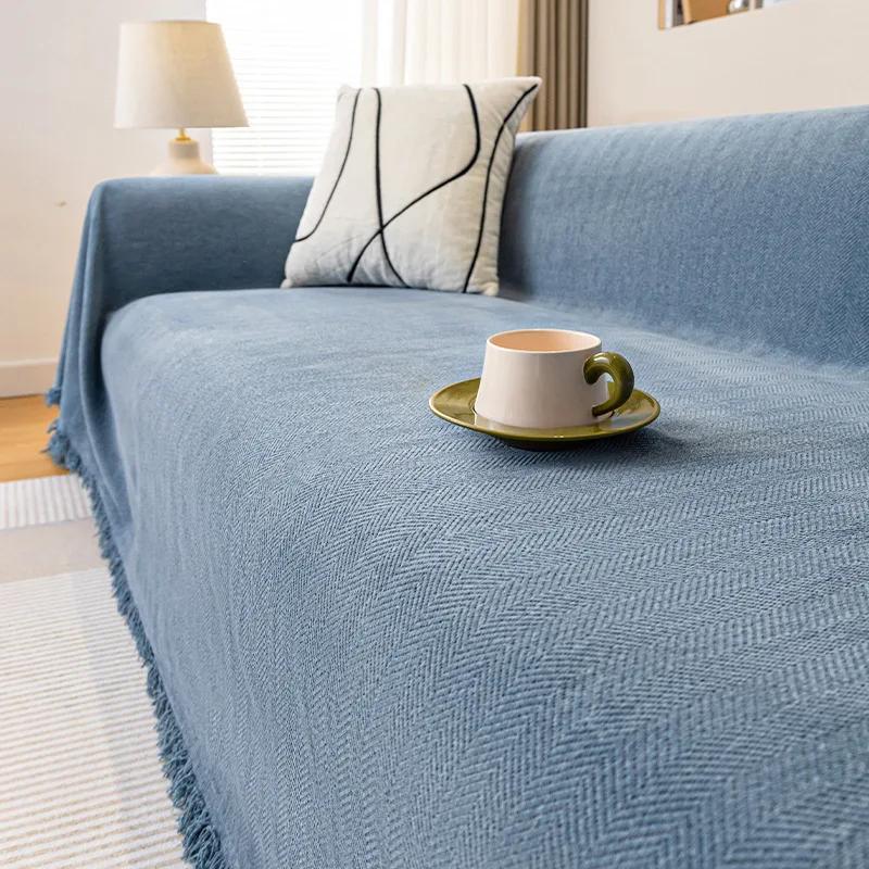 Chenille Sofa Cover Solid Color Striped Design Multi-use Machine Washable Sofa Towel Skin-friendly Wrinkle-resistant