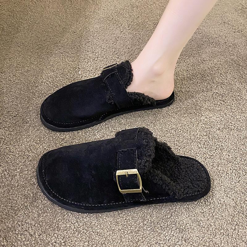 Baotou Half Slippers Women's New Autumn and Winter Round Head Flat-bottomed Piled Thermal Casual Fluffy Slippers