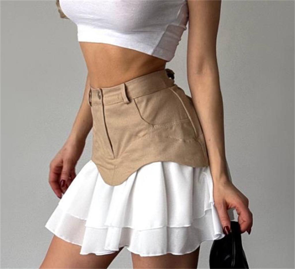 Chic Ruffles Women's Midi Skirt High Waisted Pleated Splice A Line Skirts Fashion Lady Street