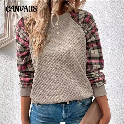 Felpa Casual da Donna Taglie Forti con Diamanti a Quadri e Maniche Lunghe e Girocollo