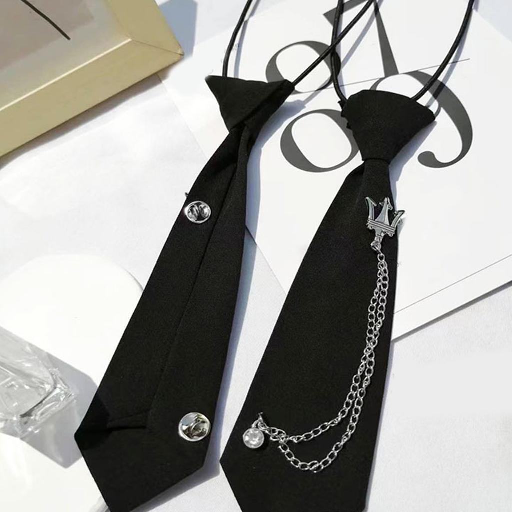 Punk Metal Crown Chain Pre Tied Tie Campus School Uniform Adjustable Black Necktie Neckwear Accessories for Adult Kids