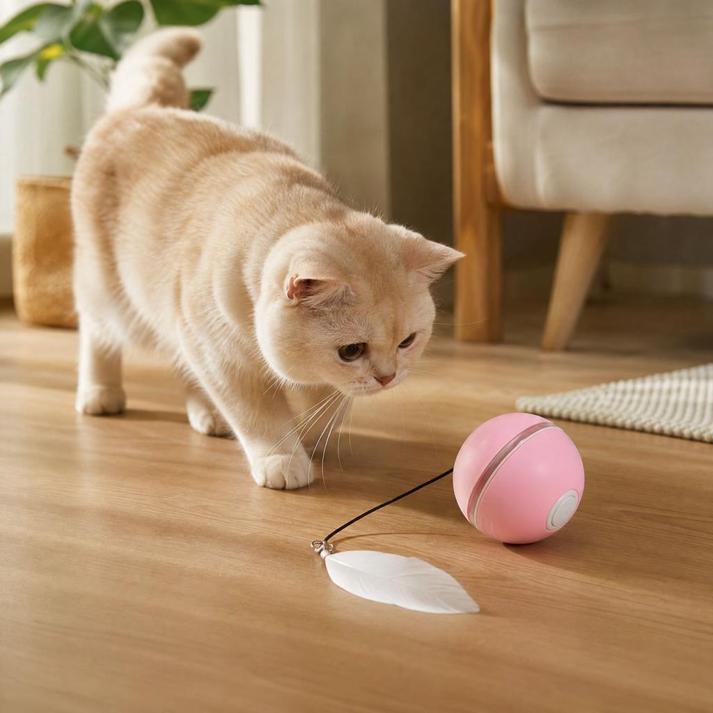 Interactive Toy Ball with Feather and Bell, Obstacle Avoidance, Rechargeable Self-Play Toy for Cats