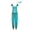 S-XXL Womens Arab Princess Cosplay Belly Dance Jumpsuit with Headwear and Detachable Sleeves Gem Decor Tulle Overlay Rompers Halloween Costume