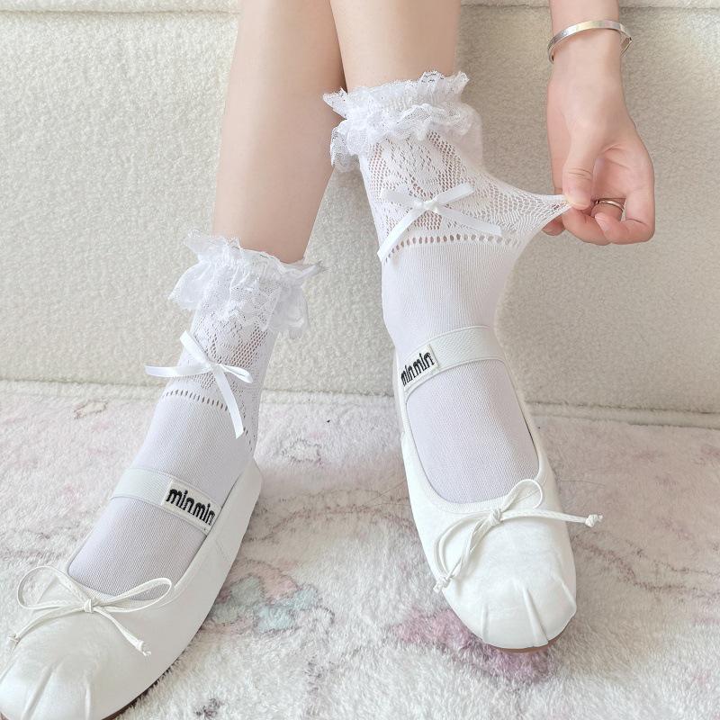 Lace Trim Lolita Ballet Bow Mid-Calf Socks - Spring/Summer Hollow Out Style