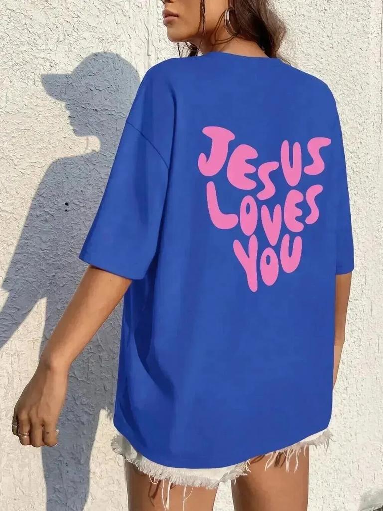 Jesus liebt mich Briefdrucke Damen Baumwoll-T-Shirts Mode O-Ausschnitt Oversize-Oberteile Lässig Locker Weich Kurzarm Damenbekleidung