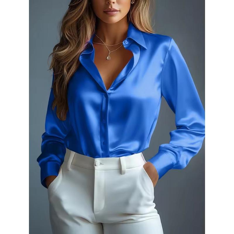 Damesatengskjorter Elegant ensfarget langermet bluse Kontordame knappeskjorte Topp Høst Kvinnelig Rund hals Skjorter Bluse