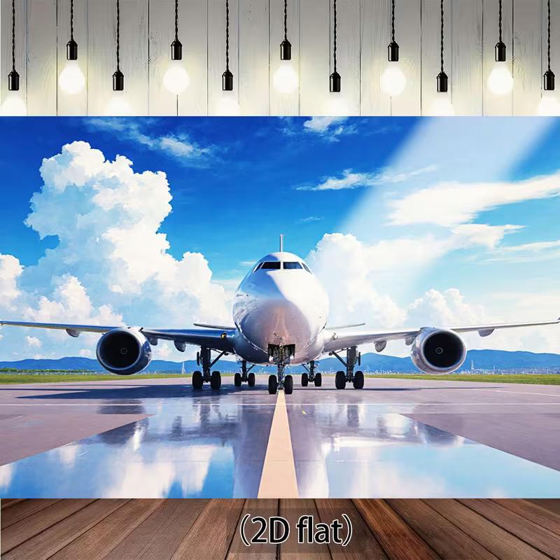 

2D Airplane Runway Backdrop, Blue Sky Clouds Aviation Photography Background 47.2x31.5inch/120*80cm