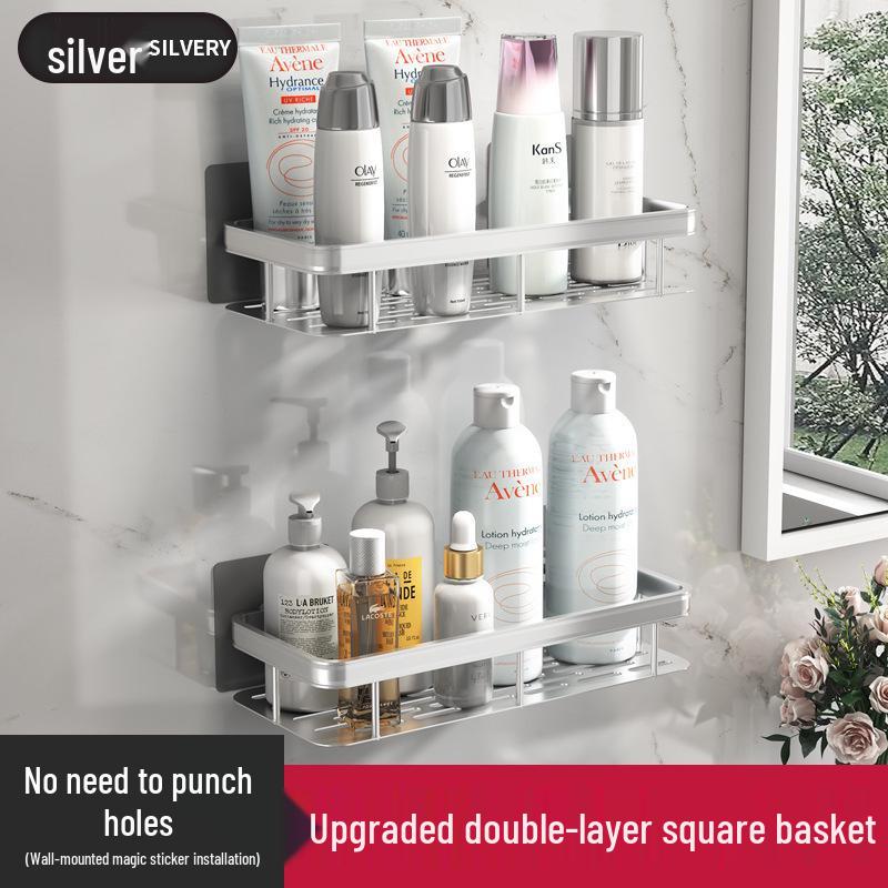 No-Drill Wall-Mounted Bathroom Storage Rack - Aluminum Nail-Free Shelves