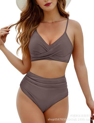 Damen Bikini Badeanzug Zweiteilig Bauchfrei, Badeanzug High Waist Unterteil und Verstellbarer Bikini