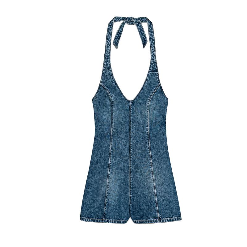 

Лето Новый Французский стиль Девушка Темперамент Воротник на шее Открытая спина Короткая версия Хлопковый Джинсовый Комбинезон 4365084 Blue L