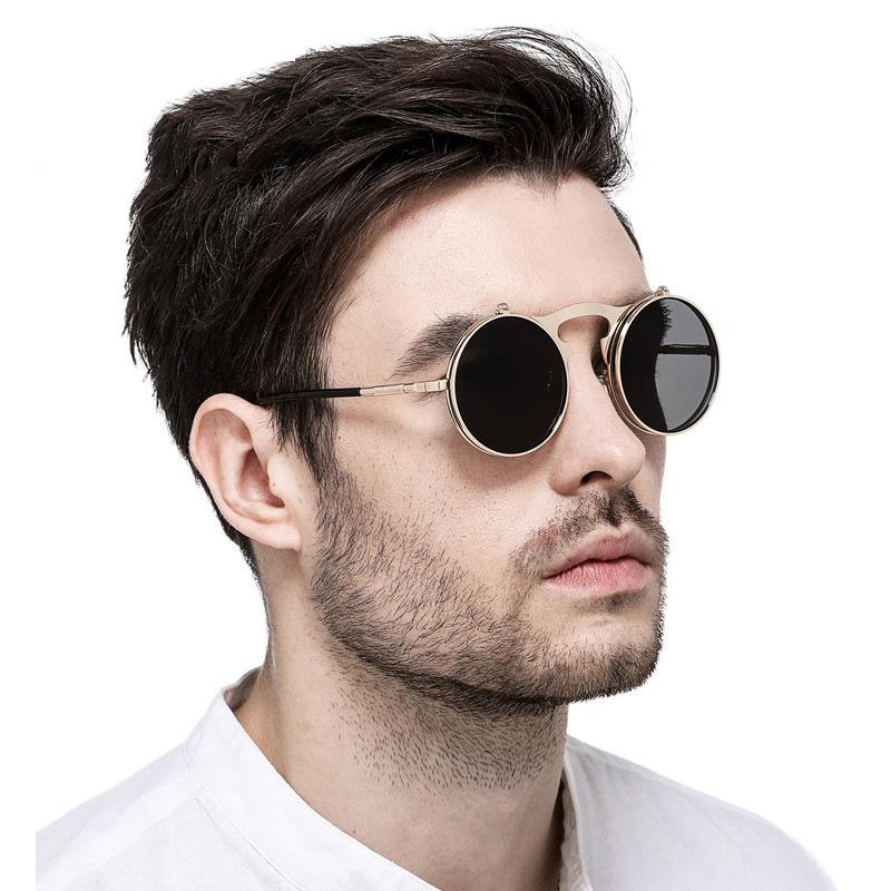 New Vintage Steampunk Sunglasses Round Steam Punk Metal Women Coating Sunglasses Men Retro Circle Sun Glasses Flap sunglasses