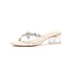 2025 New Square Head Open-toed Middle Heel Fairy Style Temperament with Rhinestone Crystal and Cool Slippers Female Muller Shoes