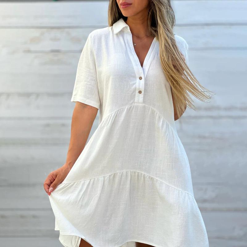Women's Fashion Skirt Loose Solid Colour Lapel Casual Short Sleeve Cotton Linen Dresses