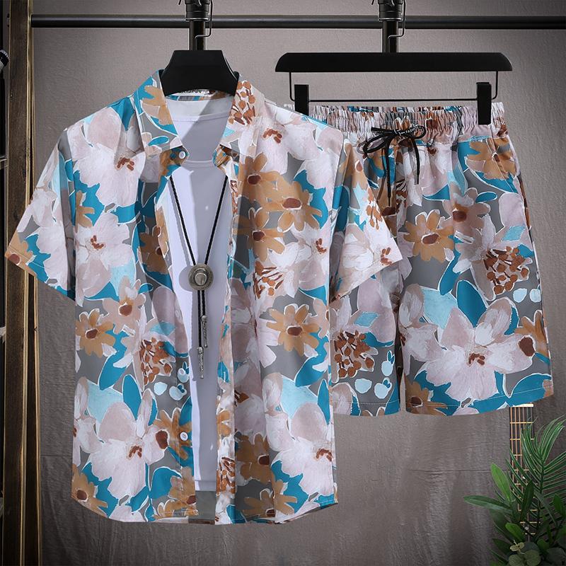 Hawaiian Men's Beach Set Single Chest Short Sleeve Shirt and Shorts Summer Leisure Travel Set